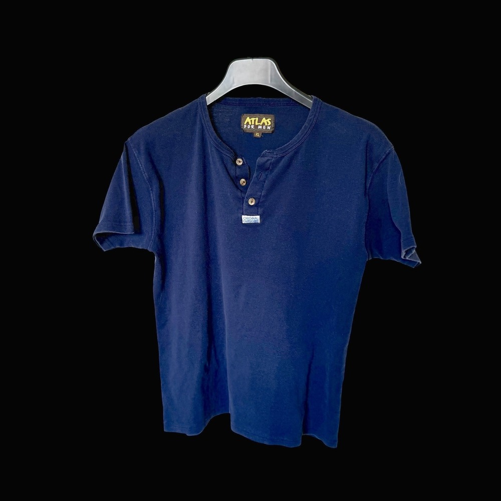 90's Atlas Henley Shirt L‎ Navy Blue Short Sleeve Original Outdoor Tee